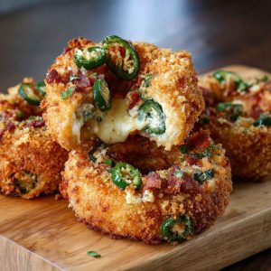 Golden-fried onion rings stuffed with jalapeño cream cheese filling, garnished with fresh herbs and served with dipping sauce.