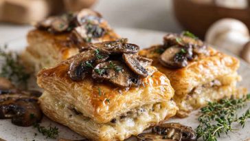 Golden puff pastry filled with savory mushrooms and melted Gruyère cheese, garnished with fresh thyme.