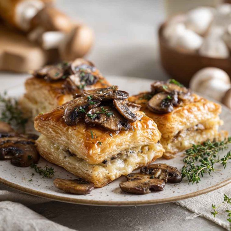 Golden puff pastry filled with savory mushrooms and melted Gruyère cheese, garnished with fresh thyme.