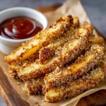 Crispy air fryer apple fries coated in cinnamon sugar served with caramel dip