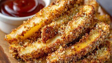 Crispy air fryer apple fries coated in cinnamon sugar served with caramel dip