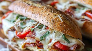 Golden baked Italian sub sandwiches filled with layers of salami, ham, pepperoni, melted cheese, and toasted bread.