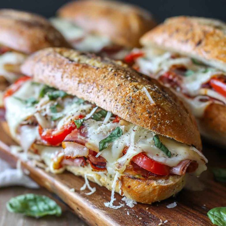 Golden baked Italian sub sandwiches filled with layers of salami, ham, pepperoni, melted cheese, and toasted bread.