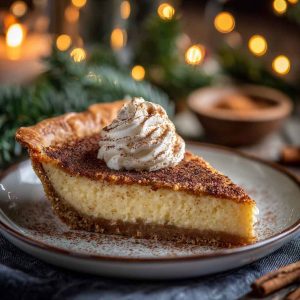 Christmas Eve cinnamon-vanilla custard pie with golden crust and cinnamon dusting