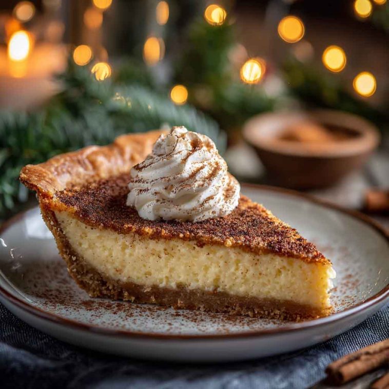 Christmas Eve cinnamon-vanilla custard pie with golden crust and cinnamon dusting
