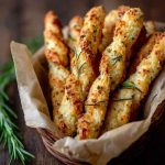 Golden crispy rosemary parmesan cheese straws baked to perfection, served in a rustic basket for snacking.