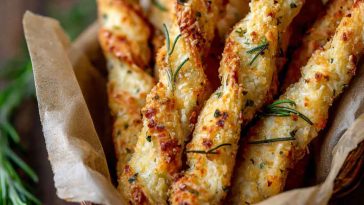 Golden crispy rosemary parmesan cheese straws baked to perfection, served in a rustic basket for snacking.