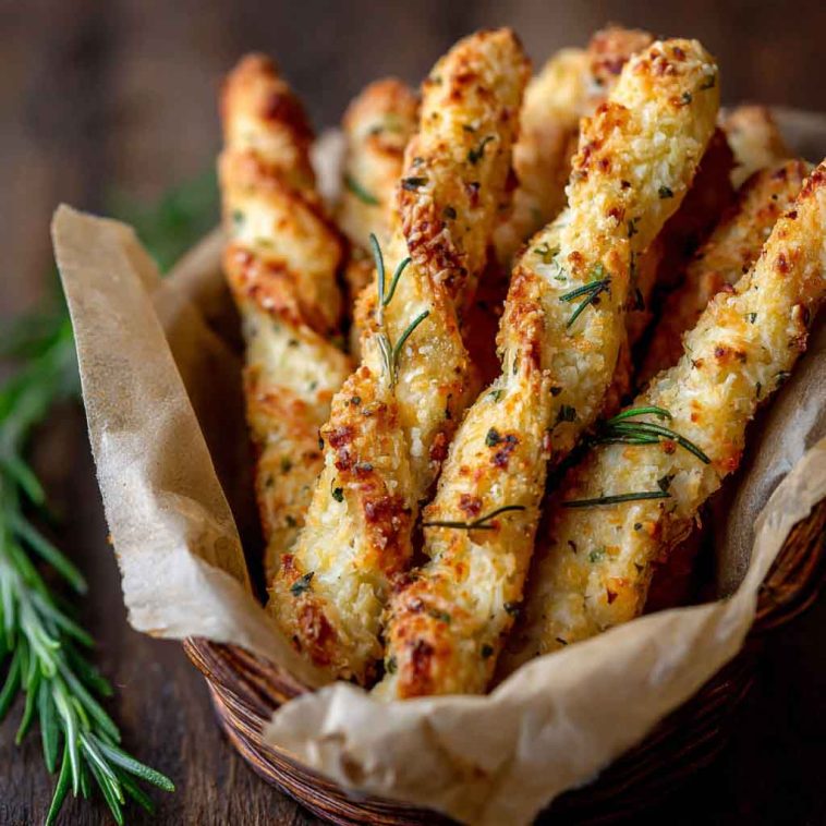Golden crispy rosemary parmesan cheese straws baked to perfection, served in a rustic basket for snacking.