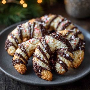 Magical candy cane cookies shaped with swirls of red and white dough, sprinkled with sugar, and arranged festively on a holiday plate.