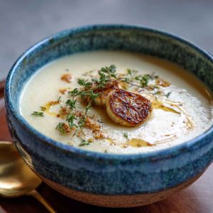 Creamy roasted garlic soup served in a rustic bowl, garnished with fresh herbs and crusty bread on the side.