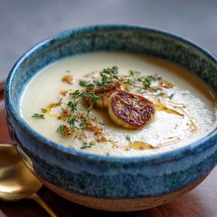 Creamy roasted garlic soup served in a rustic bowl, garnished with fresh herbs and crusty bread on the side.