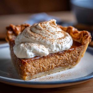 A golden-baked apple butter pie with a smooth filling, warm spices, and flaky crust, topped with whipped cream and cinnamon.