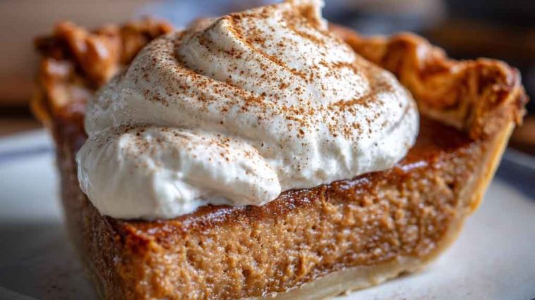 A golden-baked apple butter pie with a smooth filling, warm spices, and flaky crust, topped with whipped cream and cinnamon.