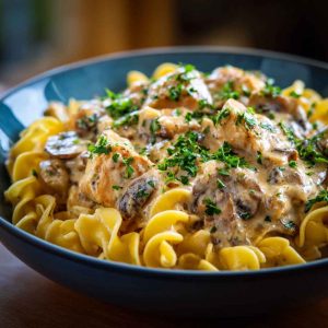A skillet filled with creamy chicken stroganoff, featuring golden chicken pieces, mushrooms, and a tangy sour cream sauce garnished with fresh parsley.