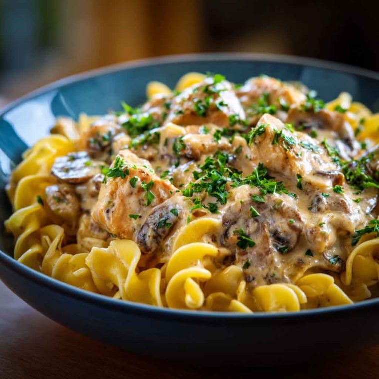 A skillet filled with creamy chicken stroganoff, featuring golden chicken pieces, mushrooms, and a tangy sour cream sauce garnished with fresh parsley.