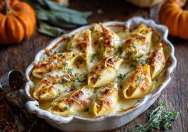 Stuffed pasta shells filled with creamy pumpkin and gouda, topped with golden brown butter sage Alfredo sauce and fresh herbs.