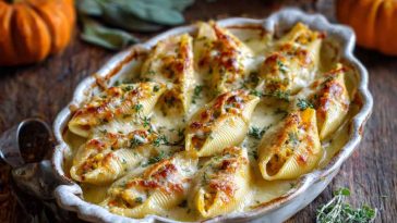 Stuffed pasta shells filled with creamy pumpkin and gouda, topped with golden brown butter sage Alfredo sauce and fresh herbs.