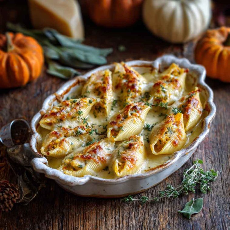 Stuffed pasta shells filled with creamy pumpkin and gouda, topped with golden brown butter sage Alfredo sauce and fresh herbs.