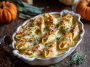Stuffed pasta shells filled with creamy pumpkin and gouda, topped with golden brown butter sage Alfredo sauce and fresh herbs.