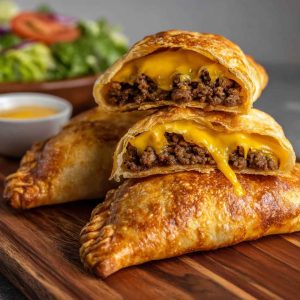 Golden cheeseburger pockets sliced open to reveal melted cheese and seasoned beef filling.