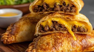 Golden cheeseburger pockets sliced open to reveal melted cheese and seasoned beef filling.