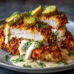 Golden baked dill pickle parmesan chicken served with crispy coating and garnished with fresh herbs.