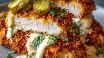Golden baked dill pickle parmesan chicken served with crispy coating and garnished with fresh herbs.