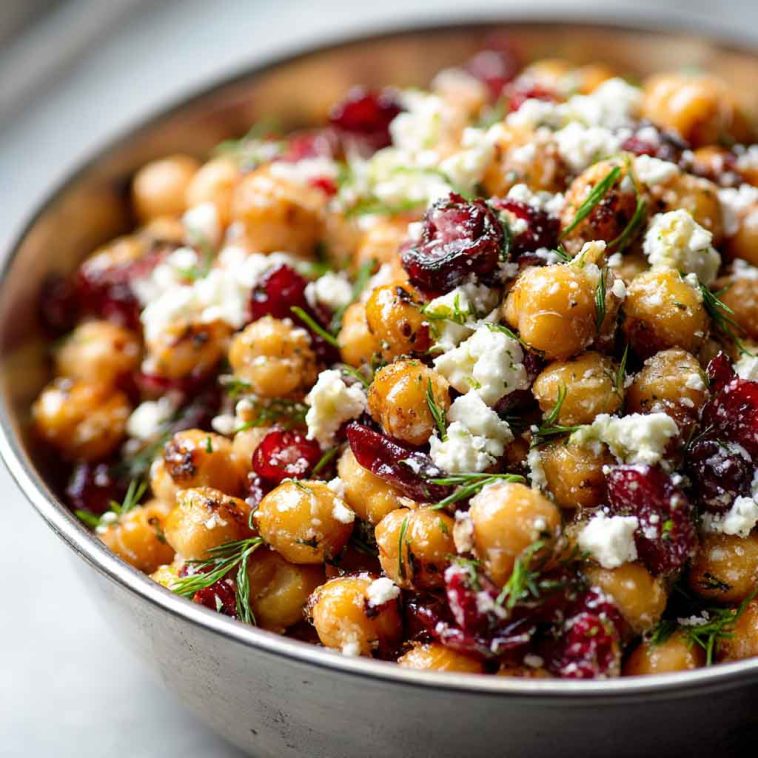 A colorful bowl of chickpeas tossed with crumbled feta, dried cranberries, fresh herbs, and lemon vinaigrette.