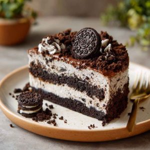 OREO dirt cake layered with crushed cookies, creamy pudding, and whipped topping, served in a glass dish with gummy worms for decoration.