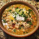 Alt Text: Bowl of Cajun white chicken chili topped with jalapeños, cilantro, and sour cream