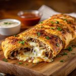 Golden-baked stromboli stuffed with steak, mozzarella, onions, and peppers, sliced and ready to serve.