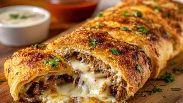 Golden-baked stromboli stuffed with steak, mozzarella, onions, and peppers, sliced and ready to serve.