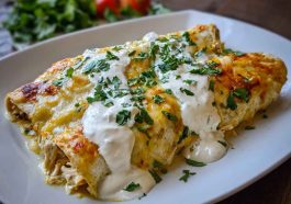 A baking dish filled with golden chicken enchiladas smothered in sour cream white sauce, topped with melted cheese and fresh cilantro.
