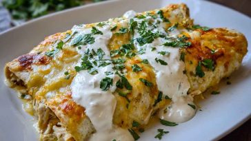 A baking dish filled with golden chicken enchiladas smothered in sour cream white sauce, topped with melted cheese and fresh cilantro.