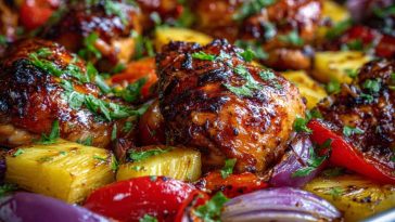 Hawaiian chicken sheet pan dinner with juicy chicken, pineapple chunks, bell peppers, and onions roasted together.