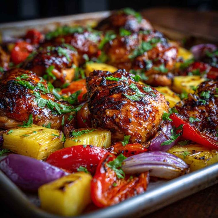 Hawaiian chicken sheet pan dinner with juicy chicken, pineapple chunks, bell peppers, and onions roasted together.