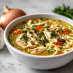 Bowl of classic ginger garlic chicken noodle soup with fresh herbs and noodles