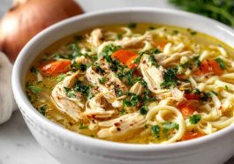 Bowl of classic ginger garlic chicken noodle soup with fresh herbs and noodles