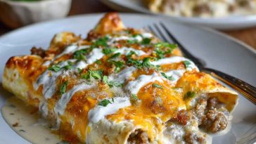 Southern breakfast enchiladas stuffed with eggs, cheese, and sausage, topped with creamy sausage gravy and baked until golden.