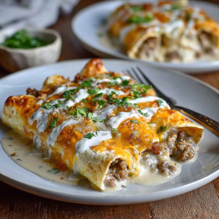 Southern breakfast enchiladas stuffed with eggs, cheese, and sausage, topped with creamy sausage gravy and baked until golden.