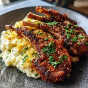 Crispy garlic parmesan fried lamb chops served golden brown with herbs and dipping sauce on a rustic plate.