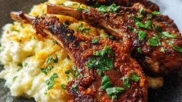 Crispy garlic parmesan fried lamb chops served golden brown with herbs and dipping sauce on a rustic plate.