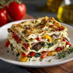Layered Mediterranean vegetable lasagna with creamy ricotta, roasted zucchini, eggplant, peppers, and fresh herbs baked golden in a casserole dish.