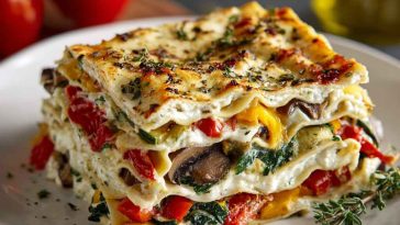 Layered Mediterranean vegetable lasagna with creamy ricotta, roasted zucchini, eggplant, peppers, and fresh herbs baked golden in a casserole dish.
