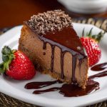 Chocolate San Sebastian cheesecake with a burnt top and creamy, dark chocolate interior on a rustic plate.