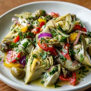 A vibrant bowl of artichoke salad with marinated artichoke hearts, cherry tomatoes, olives, red onion, and fresh herbs.