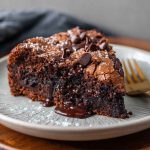 Thick slice of homemade brownie cake with a crackly top and rich chocolate interior on a dessert plate.