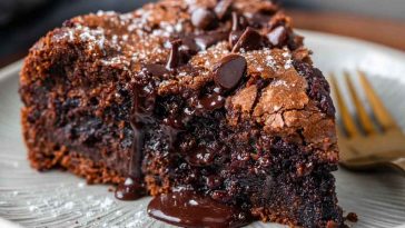 Thick slice of homemade brownie cake with a crackly top and rich chocolate interior on a dessert plate.