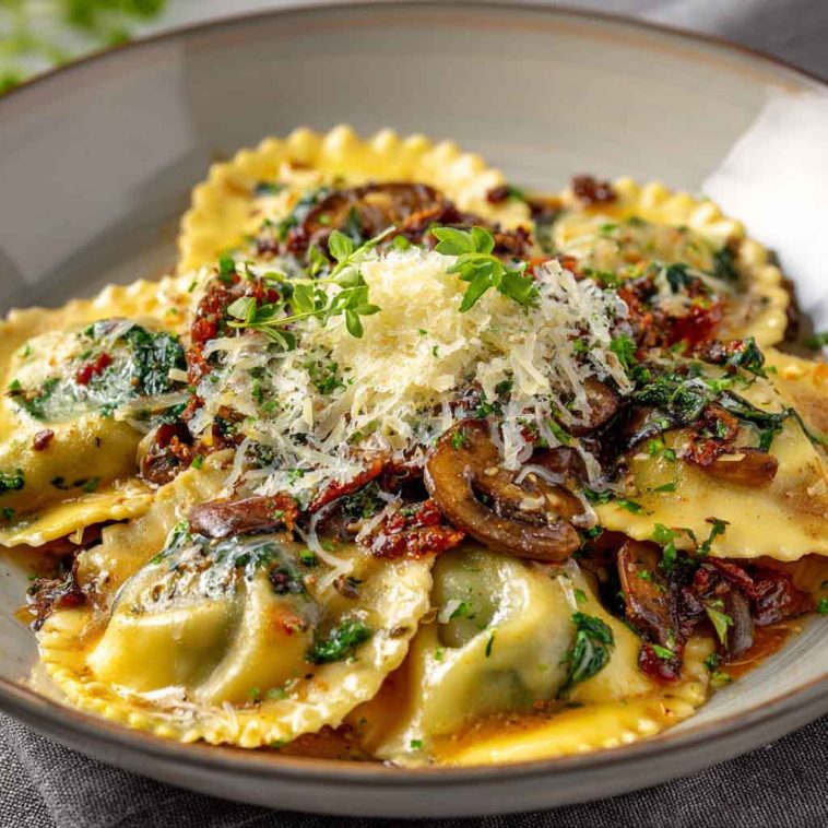 Spinach and mushroom ravioli topped with creamy sundried tomato sauce and garnished with fresh herbs.