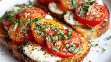 Tomato basil mozzarella toast topped with balsamic glaze on a wooden board